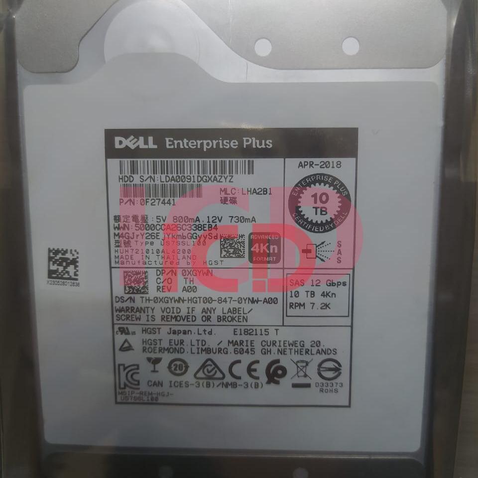 XGYWN Dell 10TB 7.2K SAS 12Gb/s 3.5" 4Kn HDD